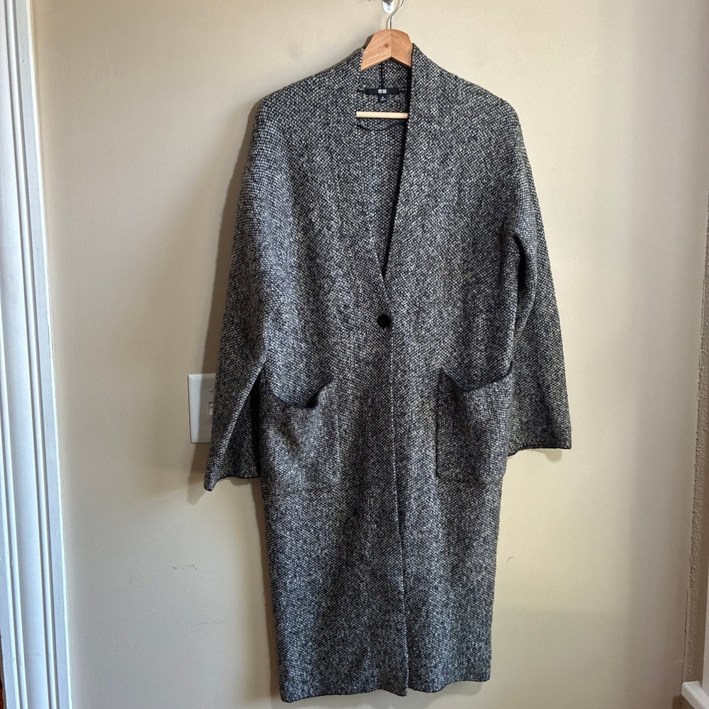 Uniqlo Marled Knit Longline Cardigan Size M Grey Womens Wool Blend Coatigan
